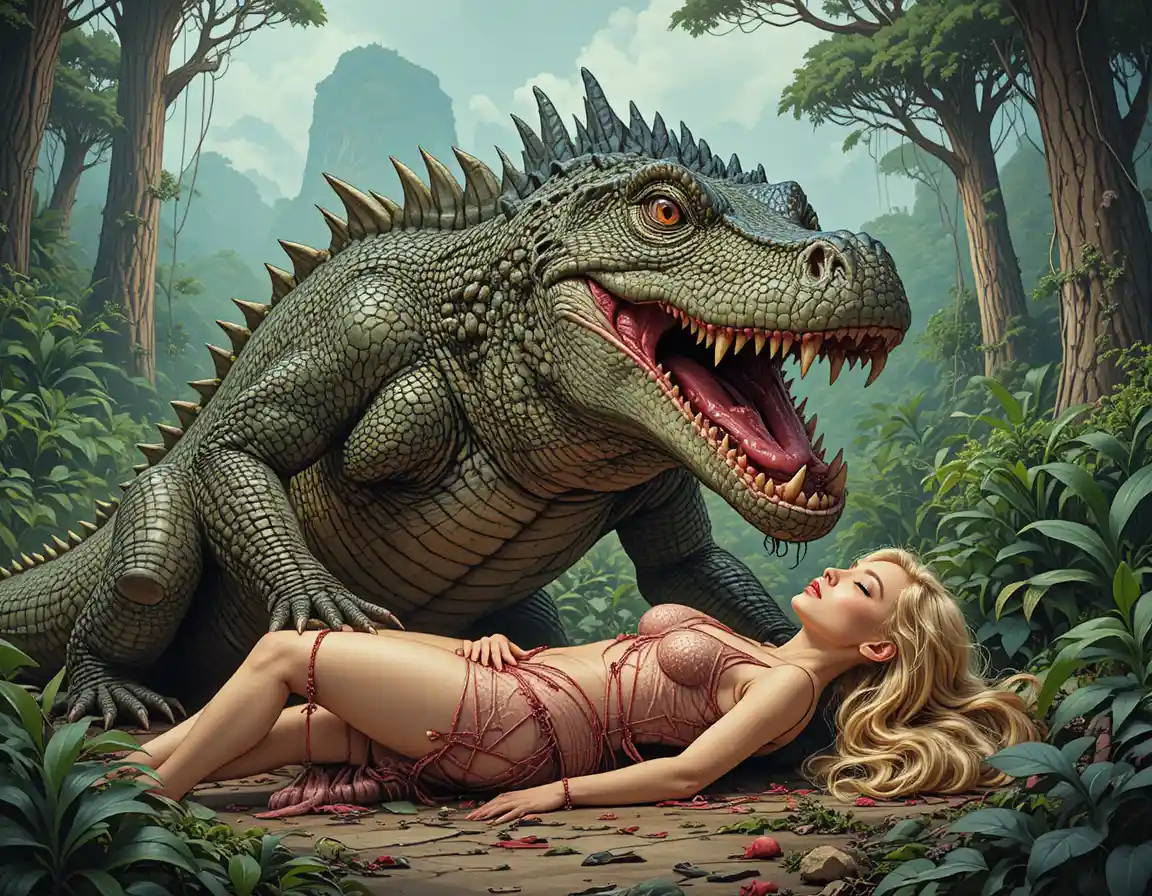 Varano di Komodo che dilania un cadavere nella giungla fitta