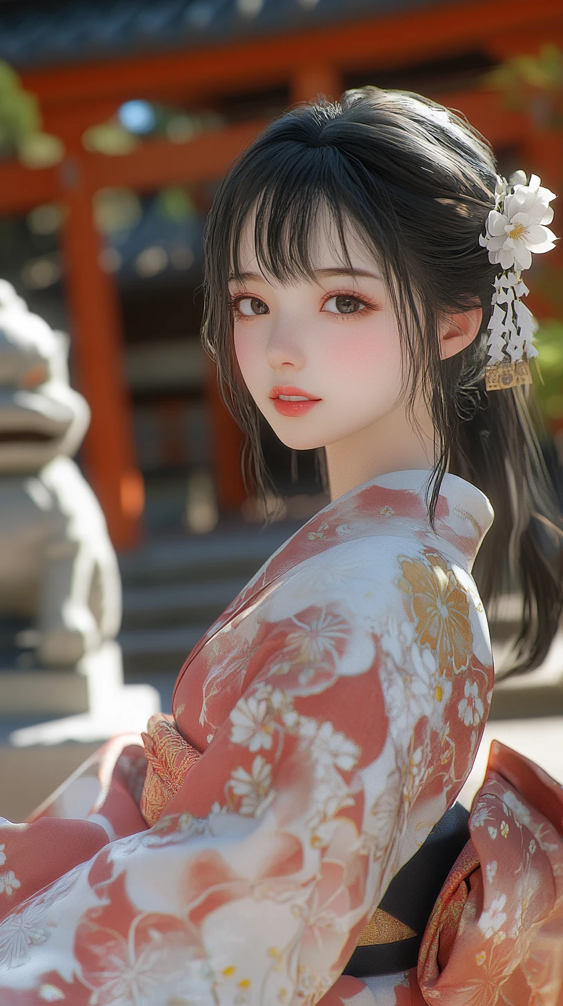 Chica japonesa alegre posando en un santuario tradicional