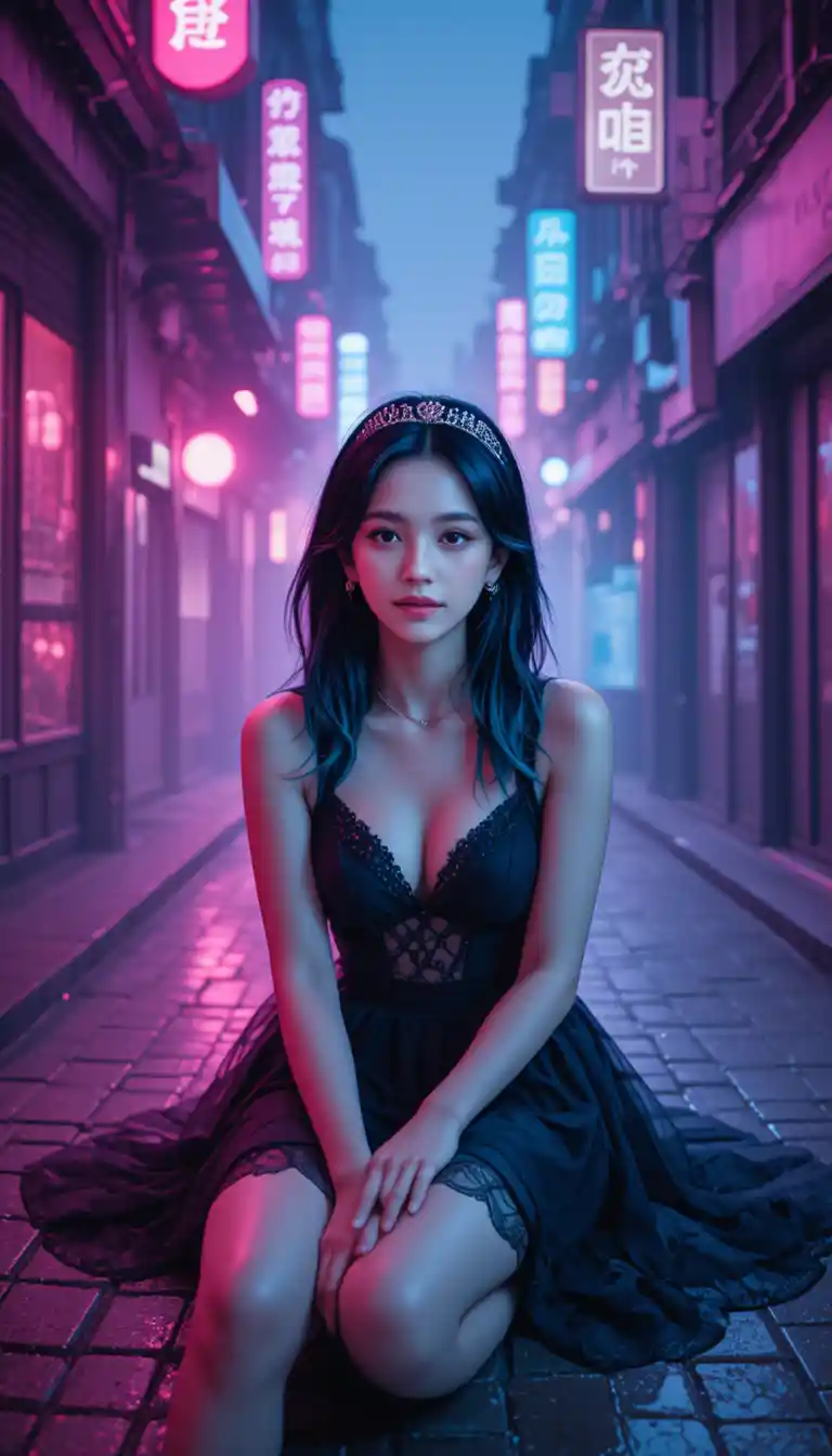 Turquoise haired woman in neon lit misty city alley