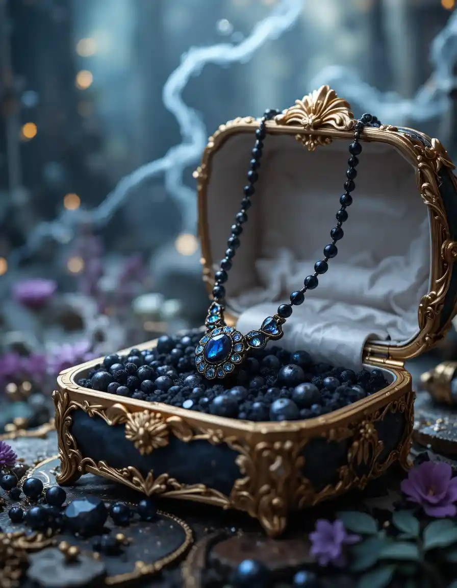 Collar negro mágico en una caja de joyas dorada de fantasía