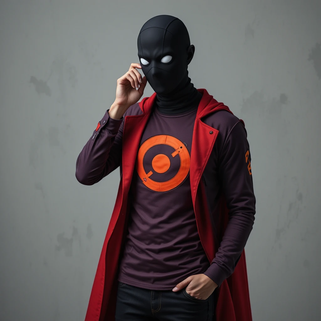 Homem de anime com máscara preta, jaqueta vermelha e fones de ouvido