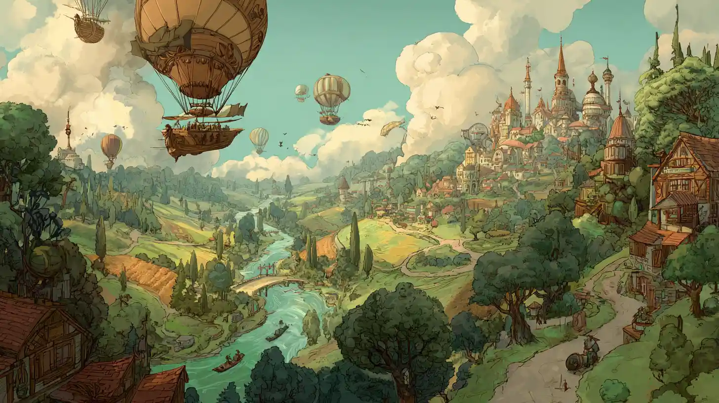 Fiabesca città steampunk in una rigogliosa valle soleggiata