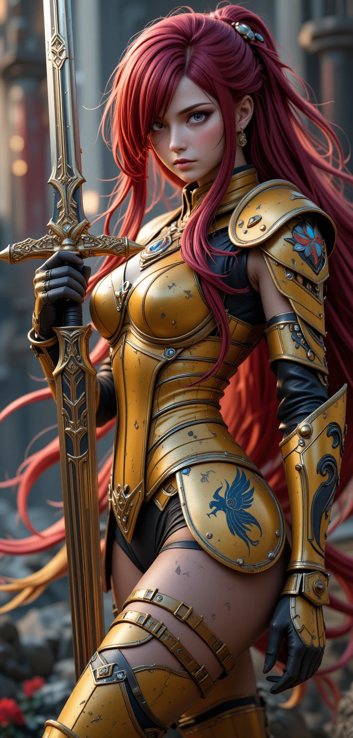 Anime warrior woman with flaming armor and long crimson hair