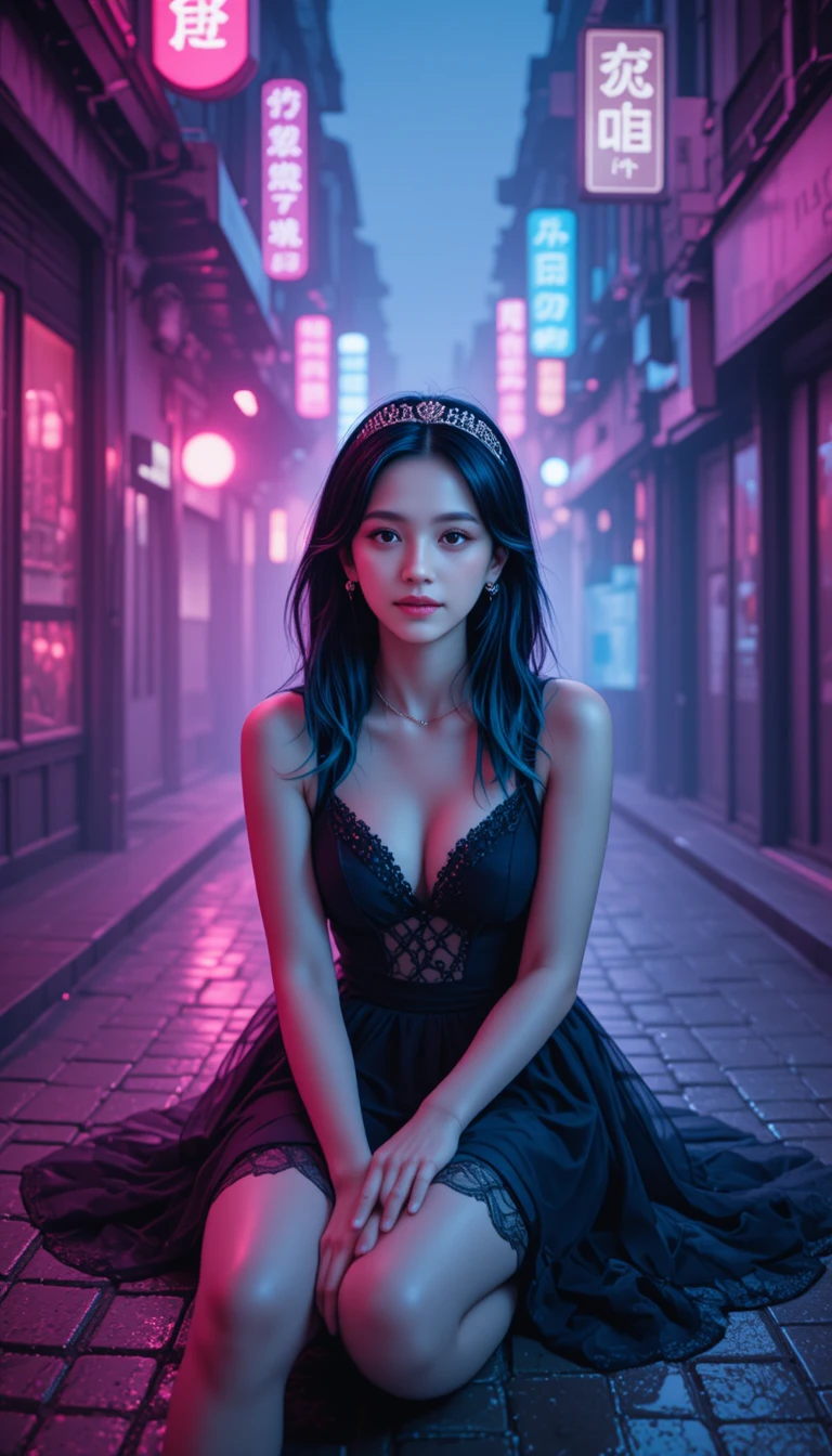 Turquoise haired woman in neon lit misty city alley