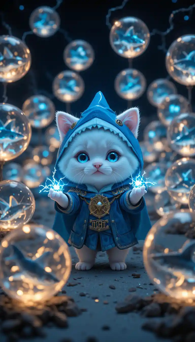 Chaton mage chibi blanc sur une plage à minuit avec des orbes lumineux