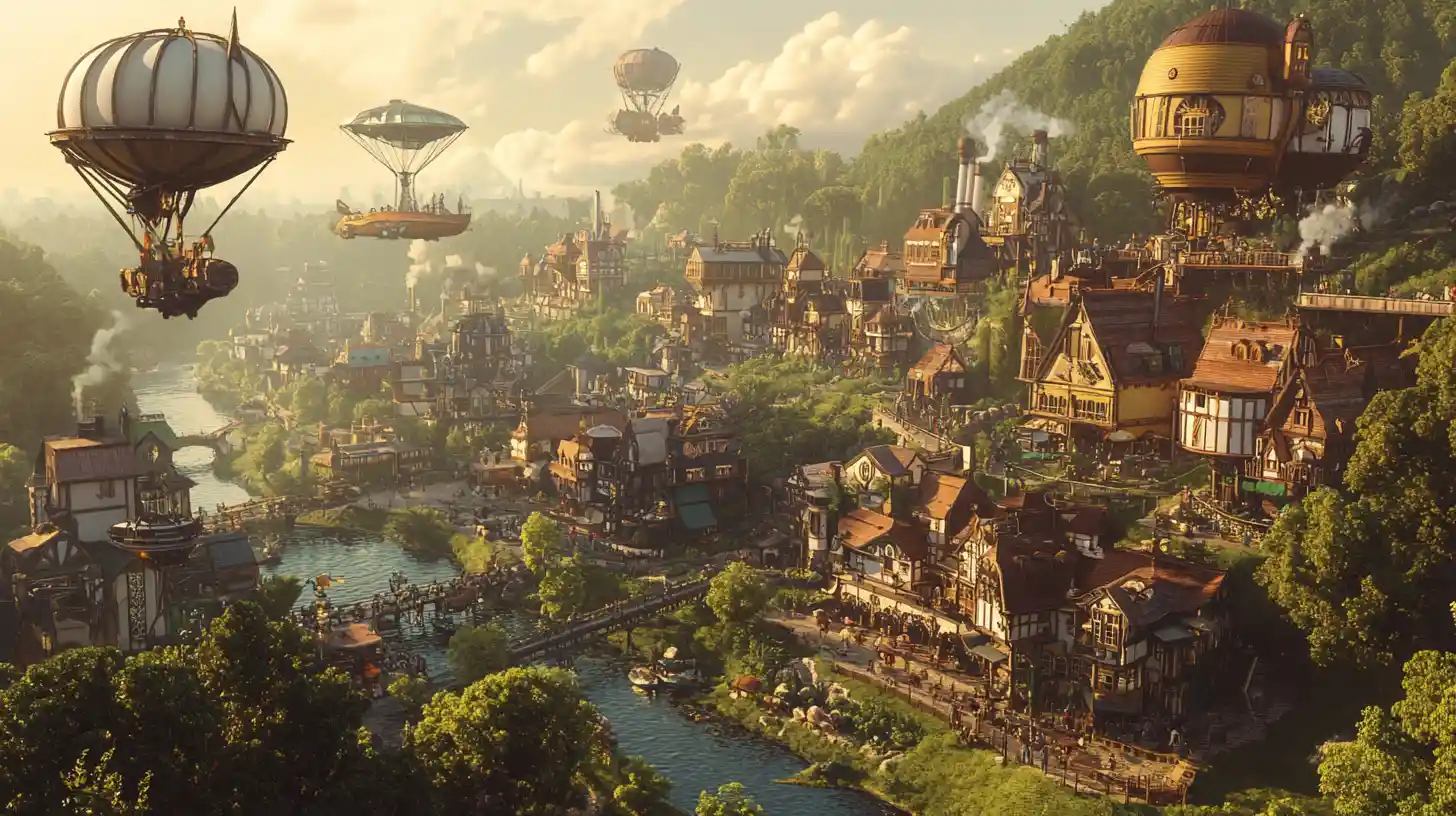 Verspielte Steampunk-Stadt in einem üppigen Tal zur Goldenen Stunde