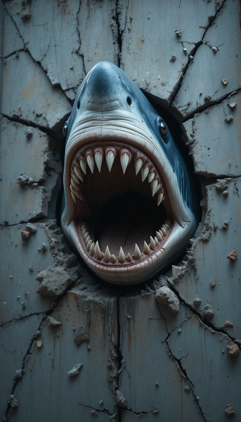 Blue shark head bursting through a cracked concrete wall