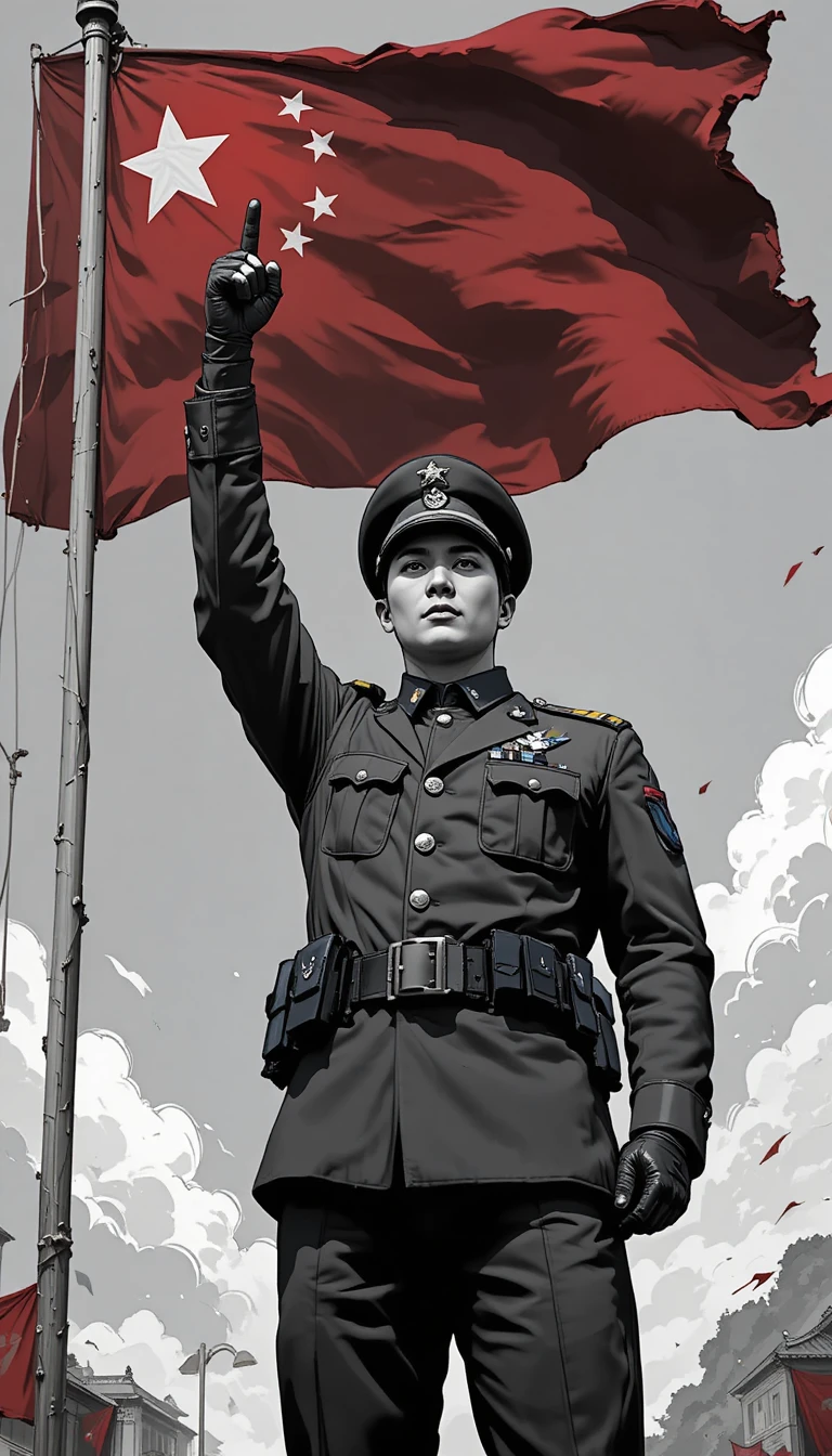 Soldado chinês sob bandeira vermelha com estrela branca