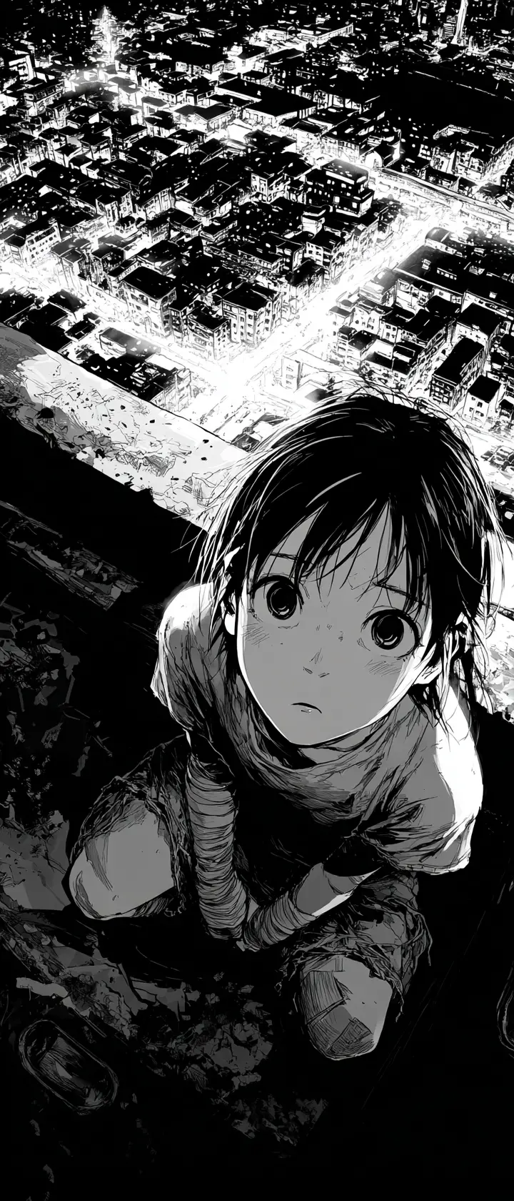 Verängstigtes Anime-Mädchen, das sich auf einem dunklen Stadtdach versteckt