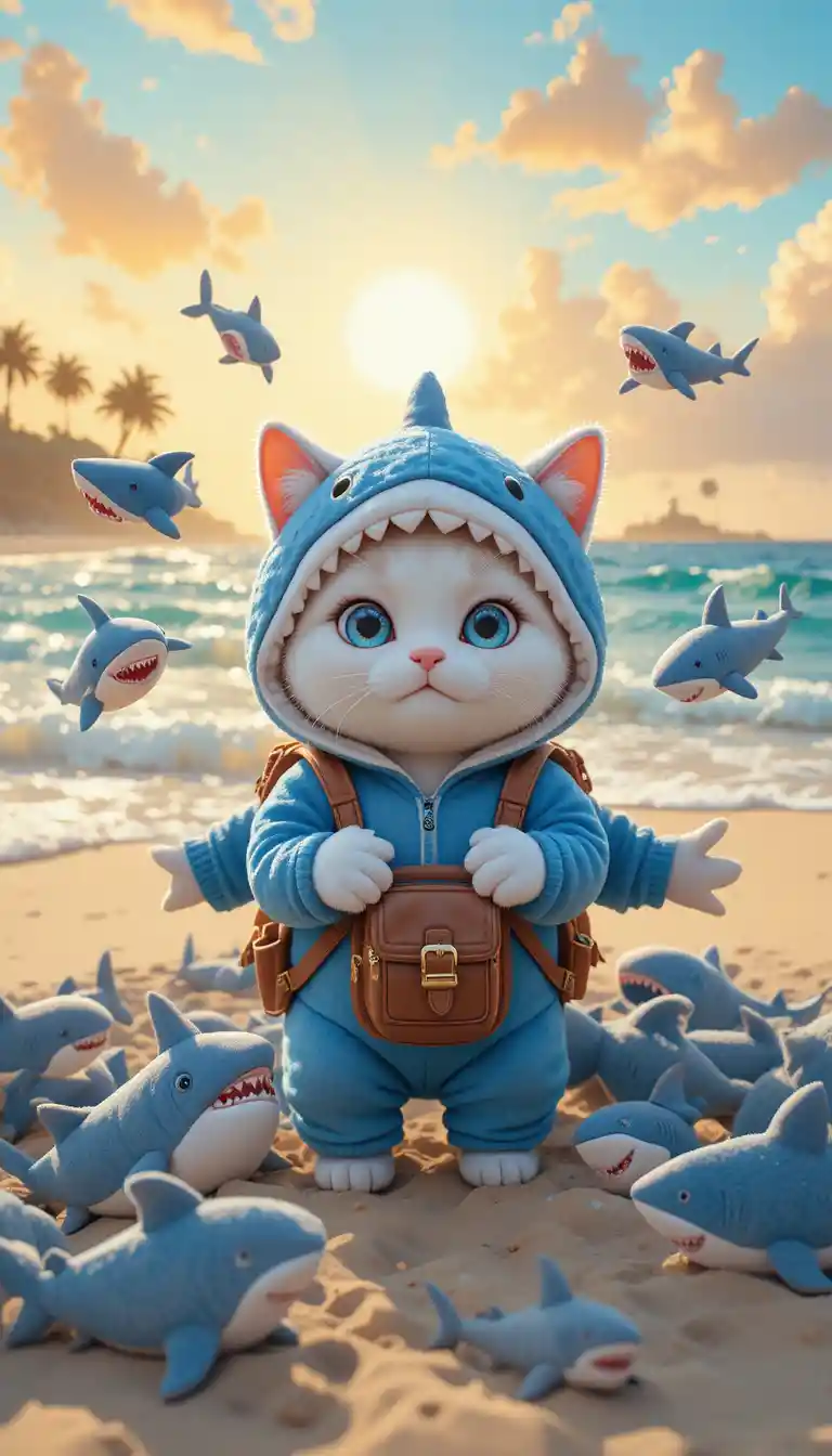 Chat mignon en grenouillère requin entouré de peluches sur la plage