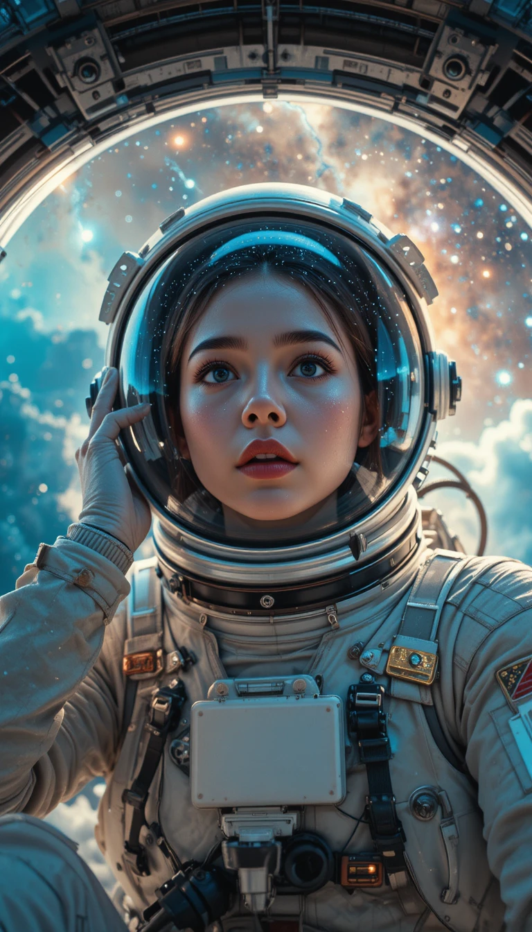 Female astronaut gazing at nebula through spacecraft hatch