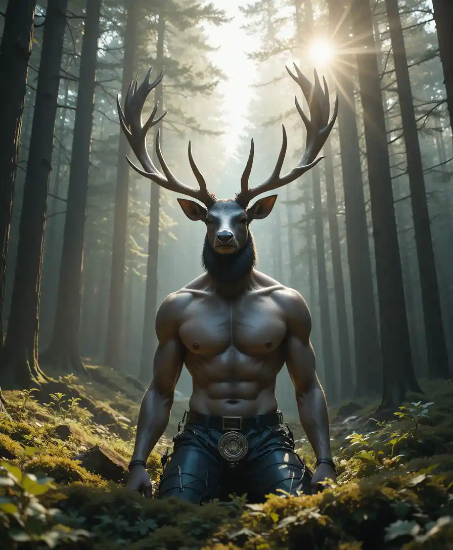 Anthropomorphic deer relaxing in a sunlit dense forest