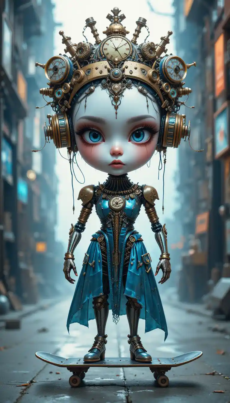 Bambola cyborg steampunk con volto di porcellana su skateboard