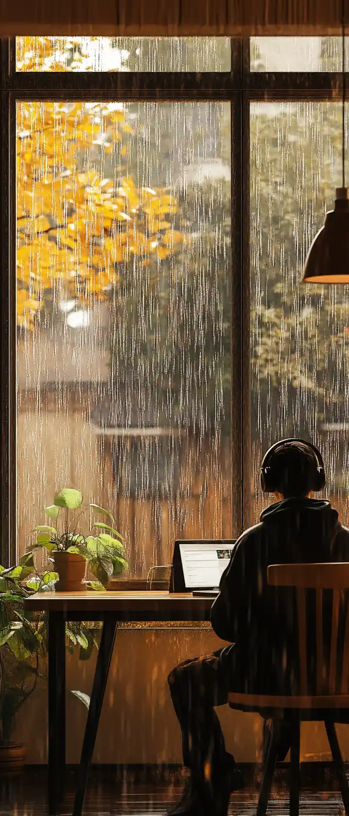 Focused student studying indoors on a rainy afternoon