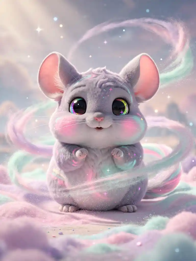 Adorabile cincillà bebé 3D tra nuvole di polvere pastello