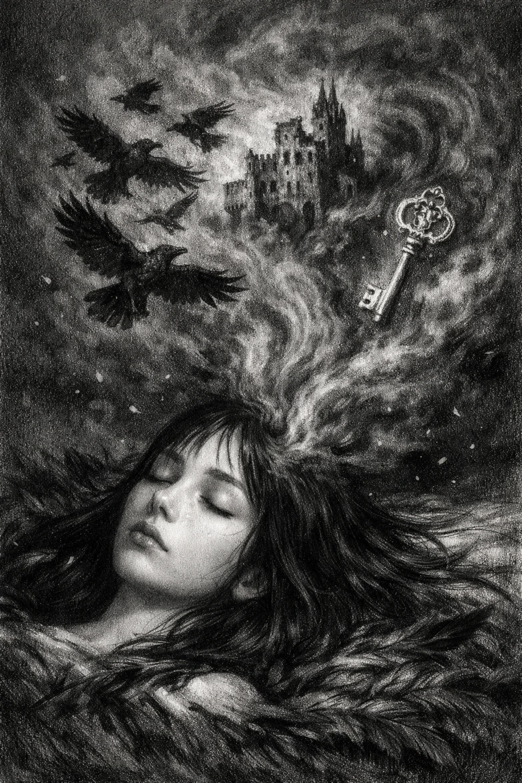 Jeune fille endormie sur des plumes noires aux rêves de charbon tourbillonnants