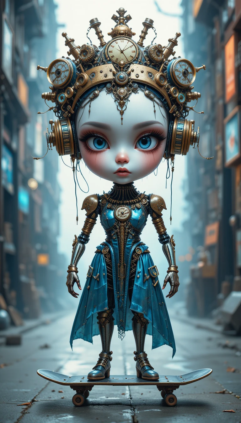 Steampunk cyborg doll with porcelain face on skateboard