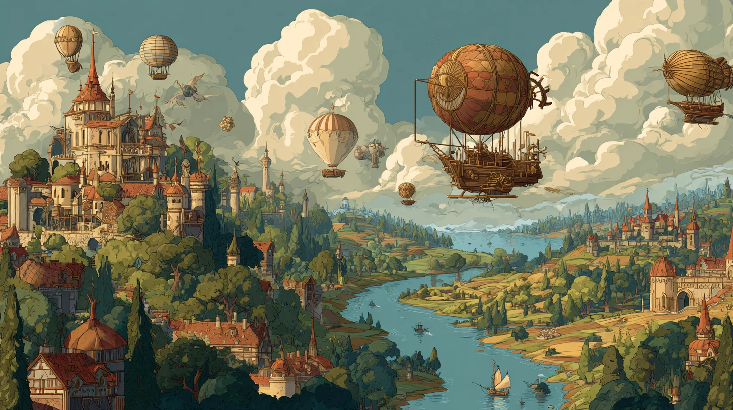 Verspielte Steampunk-Stadt in einem üppigen goldenen Tal