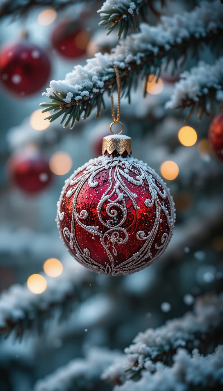 Close up red Christmas bauble on snowy spruce branch