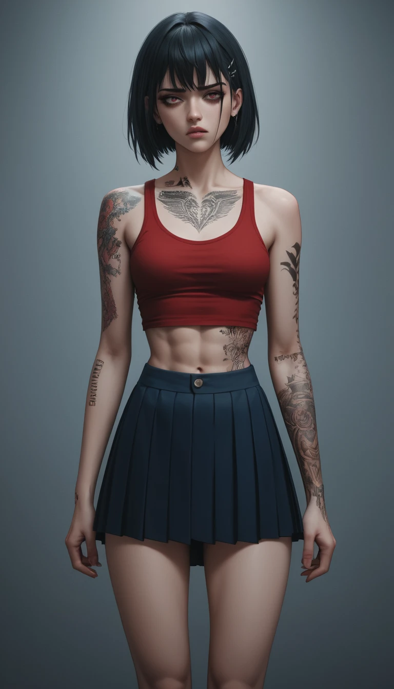 Anime schoolgirl in red tank top twisted in anguished pain