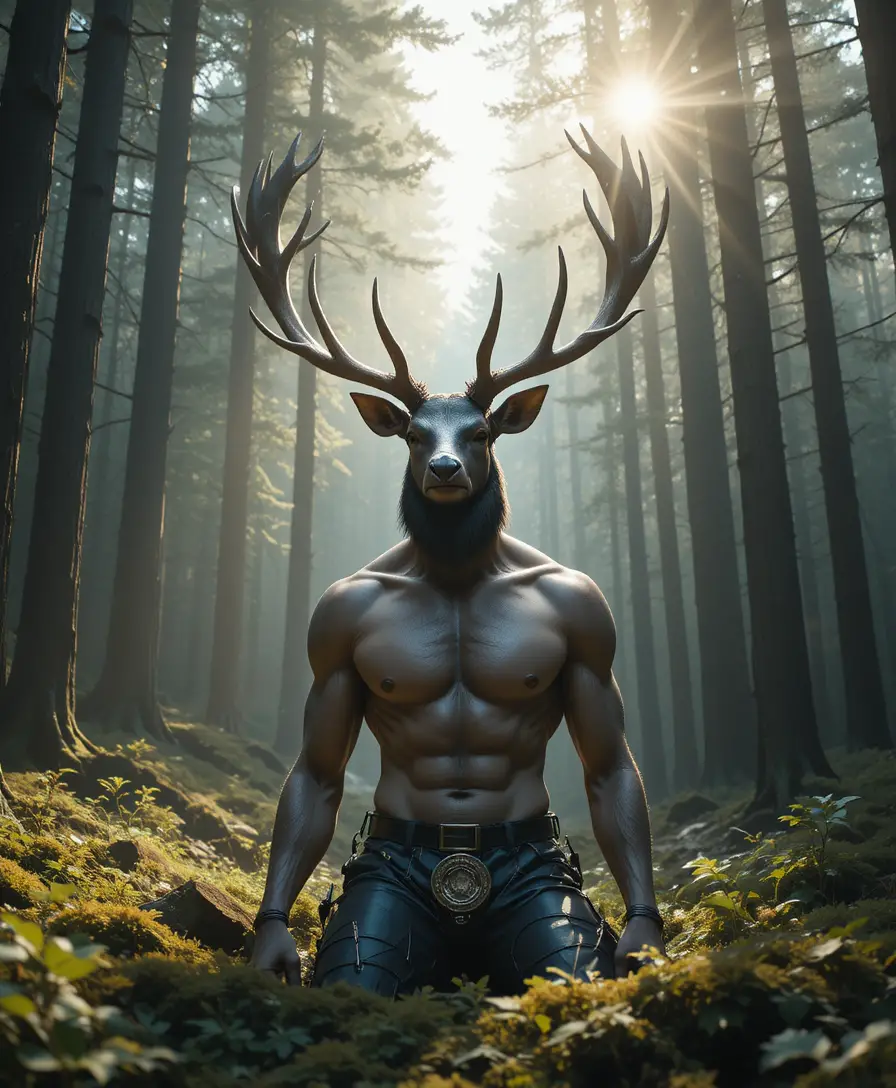 Anthropomorphic deer relaxing in a sunlit dense forest