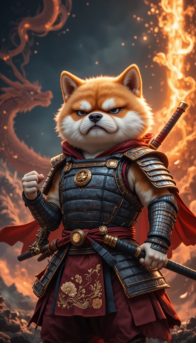Grumpy shiba samurai in ornate armor on a fantasy island