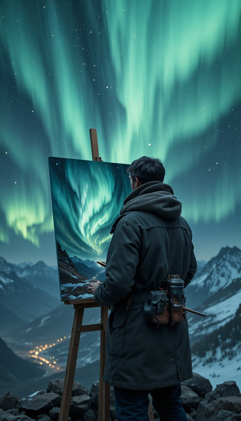 Maler, der eine Aurora über einem nächtlichen Berg-himmel einfängt
