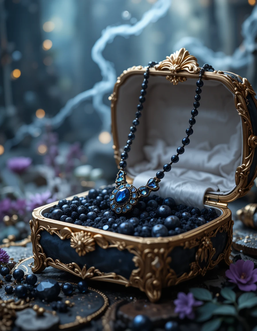Colar preto mágico em uma caixa de joias dourada de fantasia