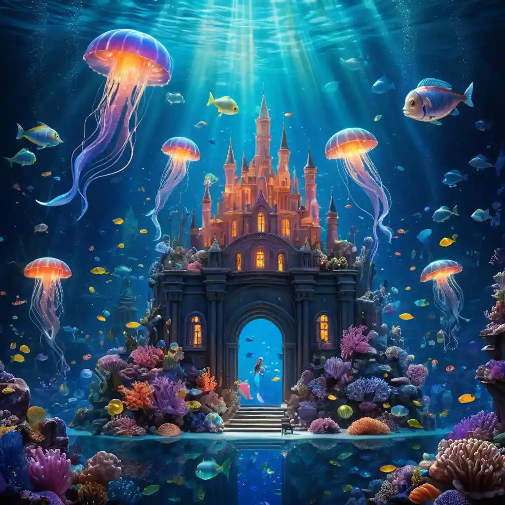Majestic mermaid above a glowing underwater city