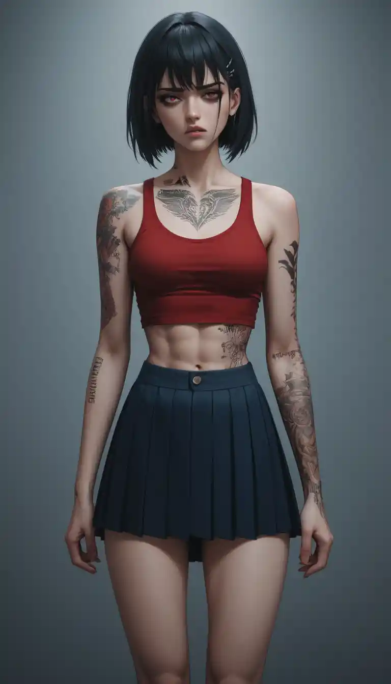 Anime schoolgirl in red tank top twisted in anguished pain