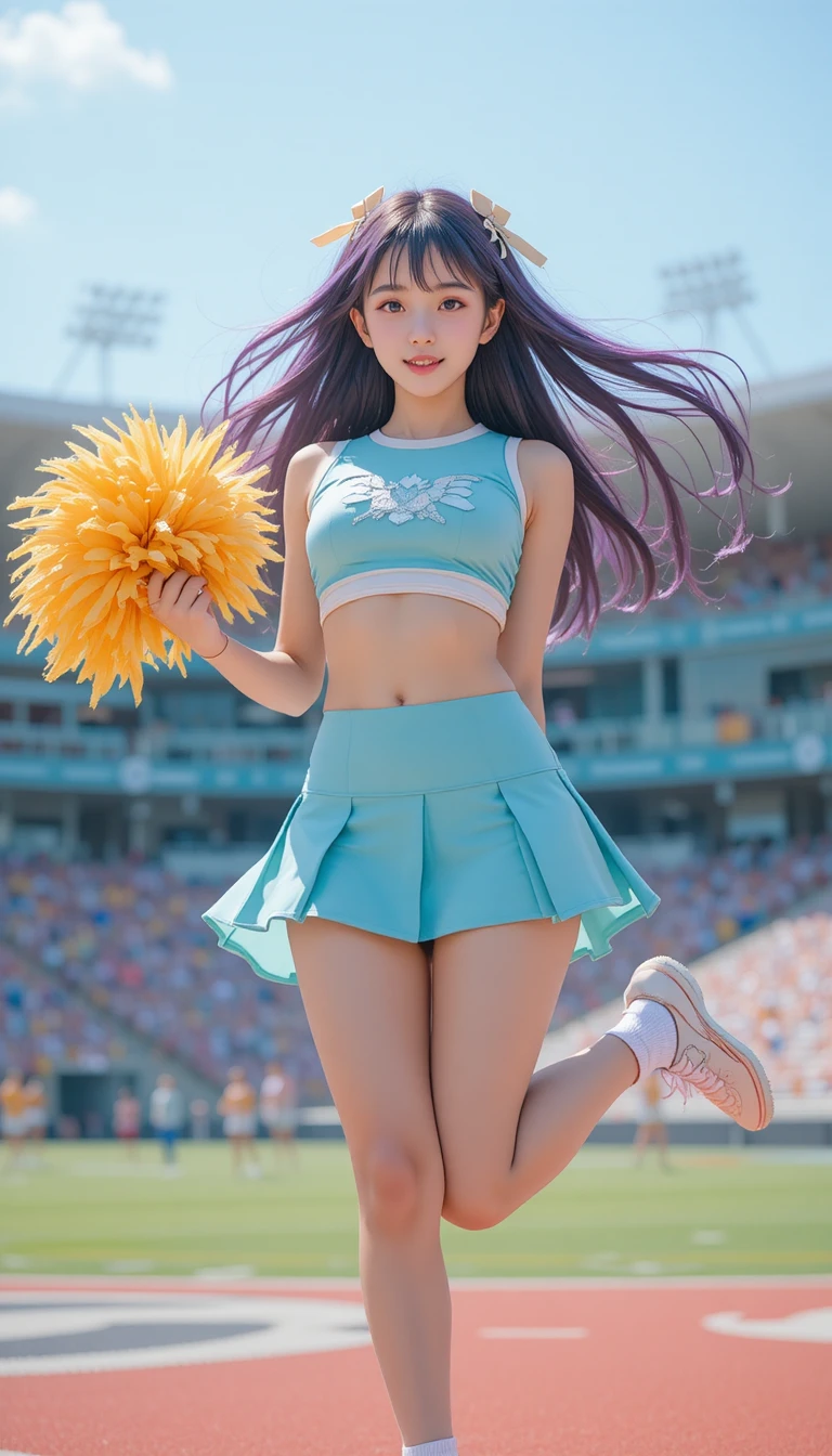 Cheerleader anime girl posing in a sunny stadium