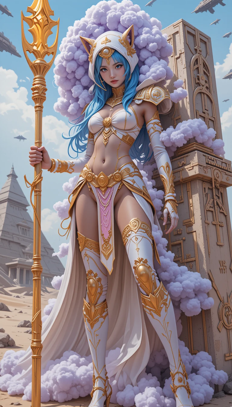 Anime warrior woman bound in glowing purple storm clouds