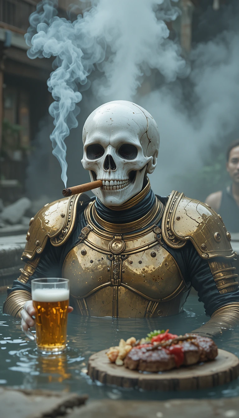 Golden armored skull relaxing in a steaming hot spring
