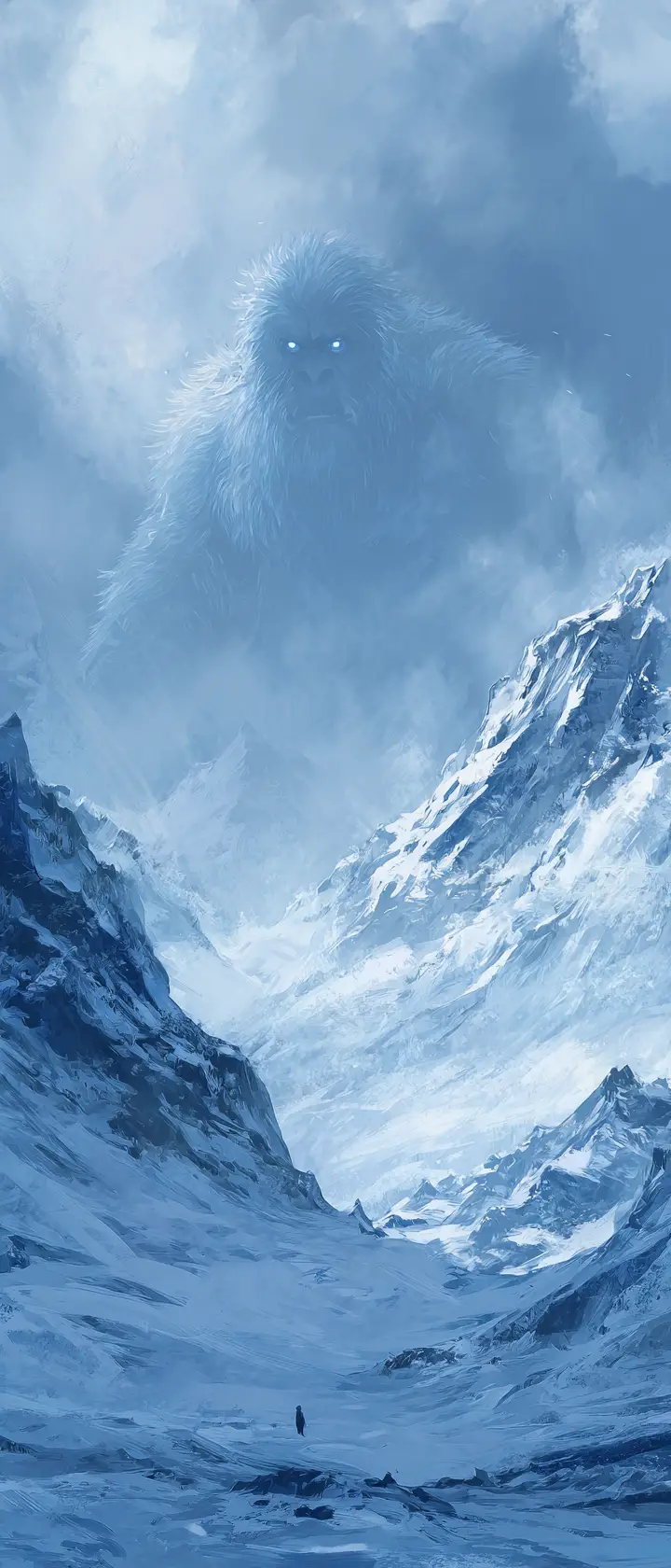 Yeti in fernen, gefrorenen Bergen im wirbelnden Schnee