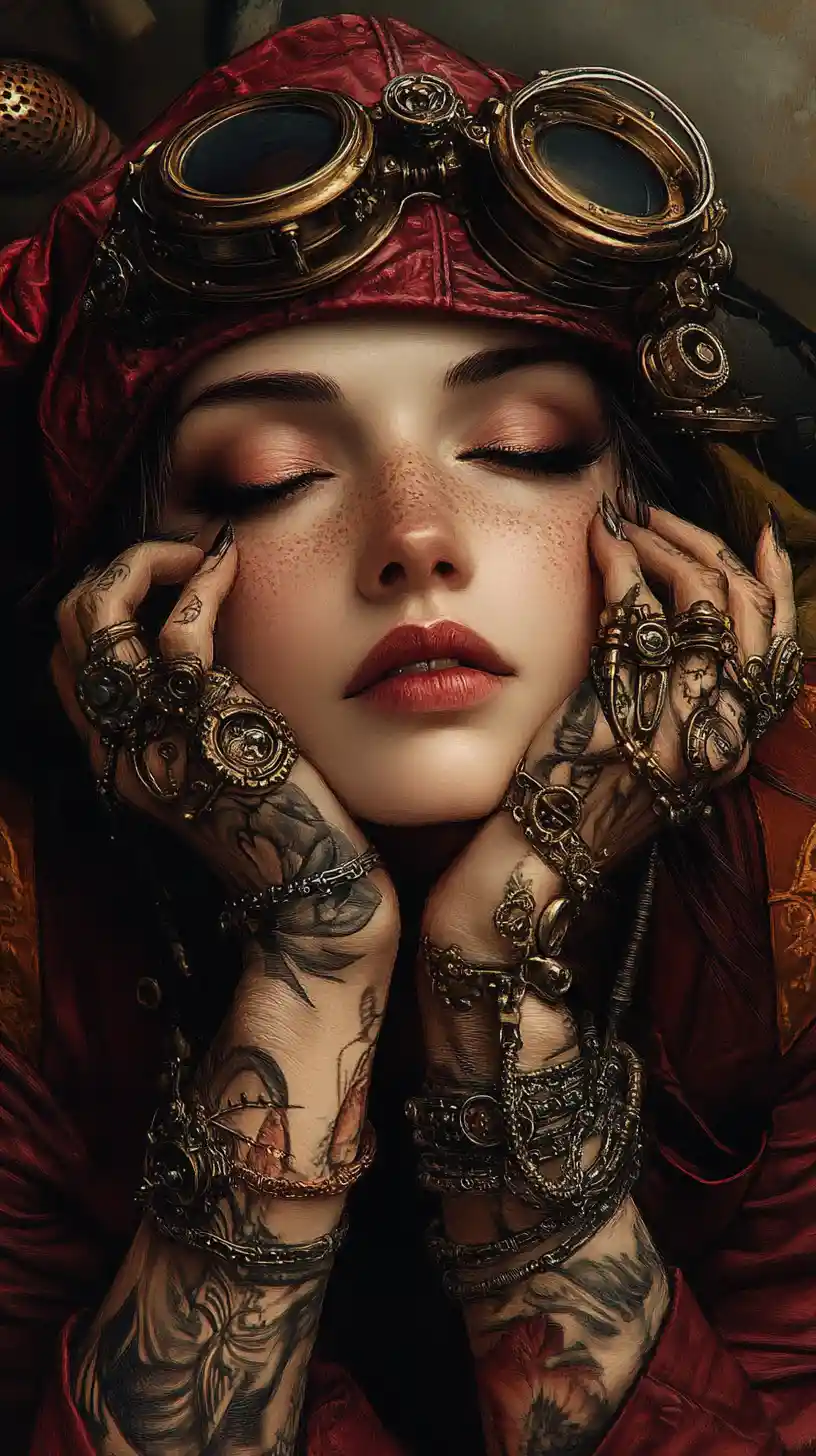 Androgynous steampunk woman in chiaroscuro workshop interior