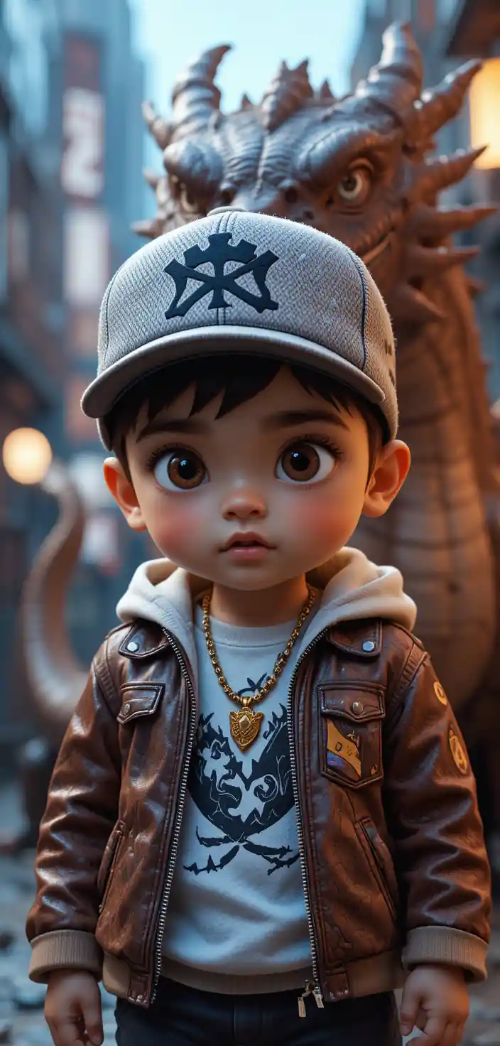 Asian baby in rapper outfit with dragon in urban studio