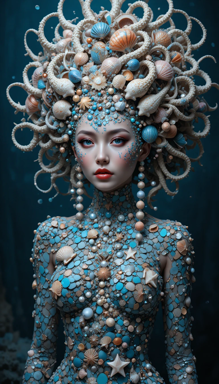 Femme fantastique ornée de coquillages dans un océan bleu profond