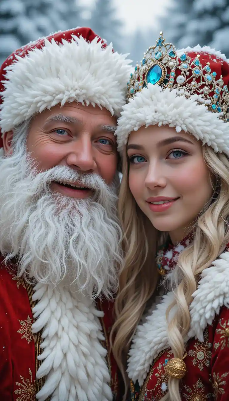 Babbo Natale e giovane donna che sorridono in un mondo innevato
