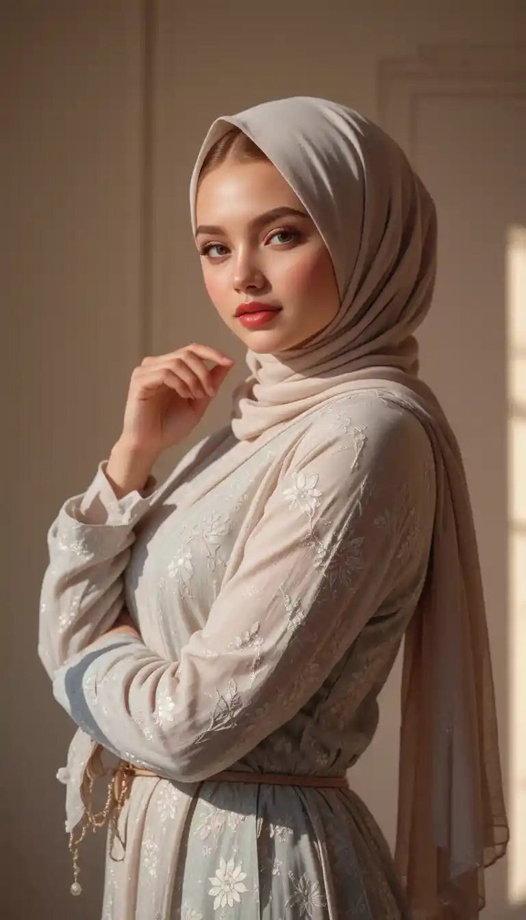 Confident woman in hijab posing in warm sunlight