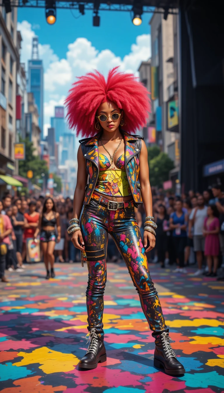 Jovem músico africano em palco colorido de punk na cidade