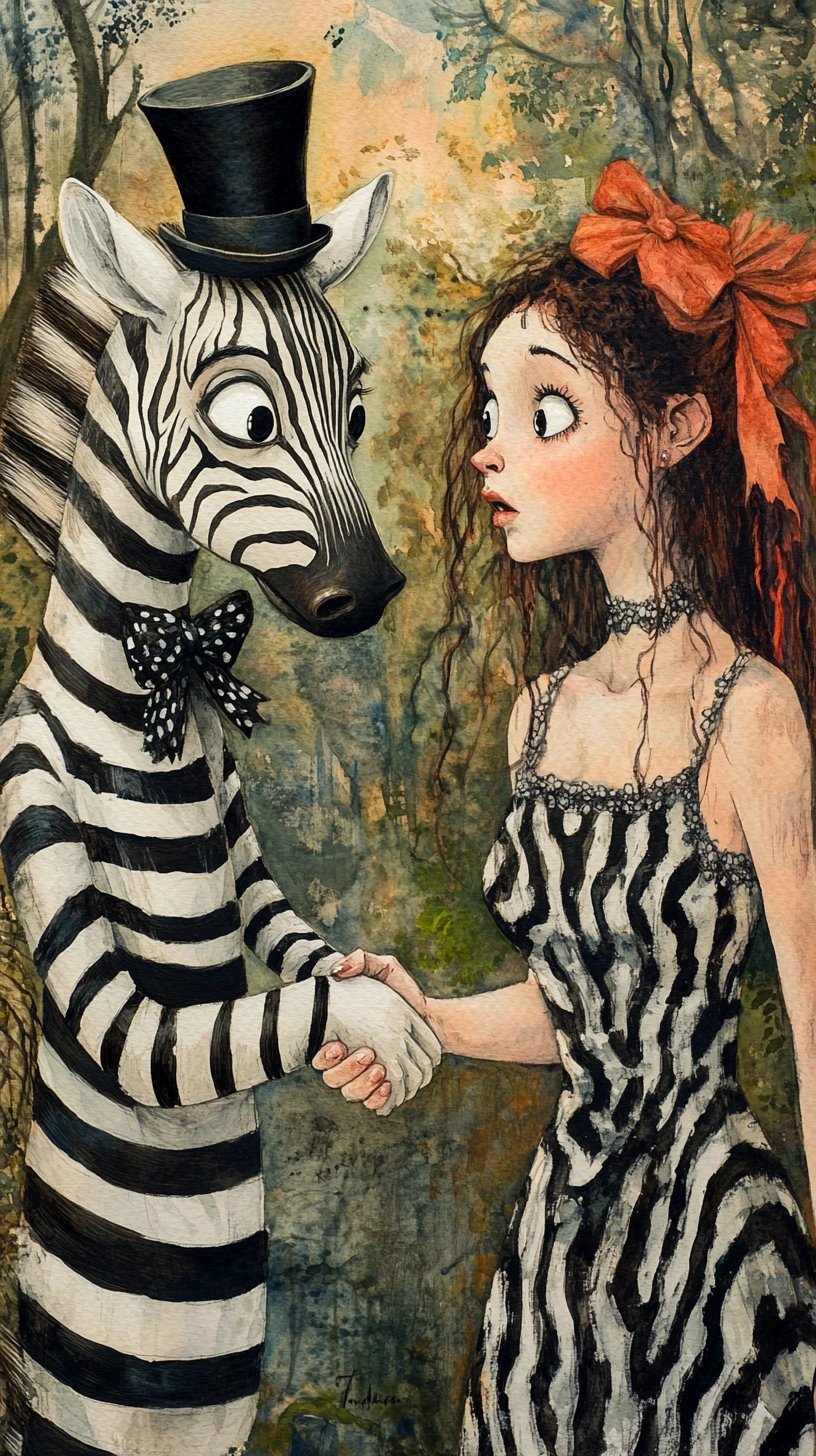 Anthropomorphes Zebra, das in der Natur einer Frau die Hand schüttelt