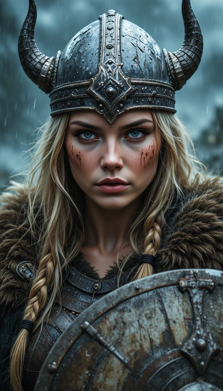 Viking warrior woman in storm with shield and horned helmet