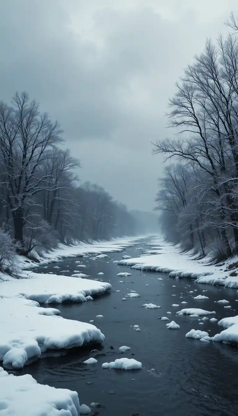 Fiume Mississippi in inverno con ghiaccio sotto un pesante cielo grigio