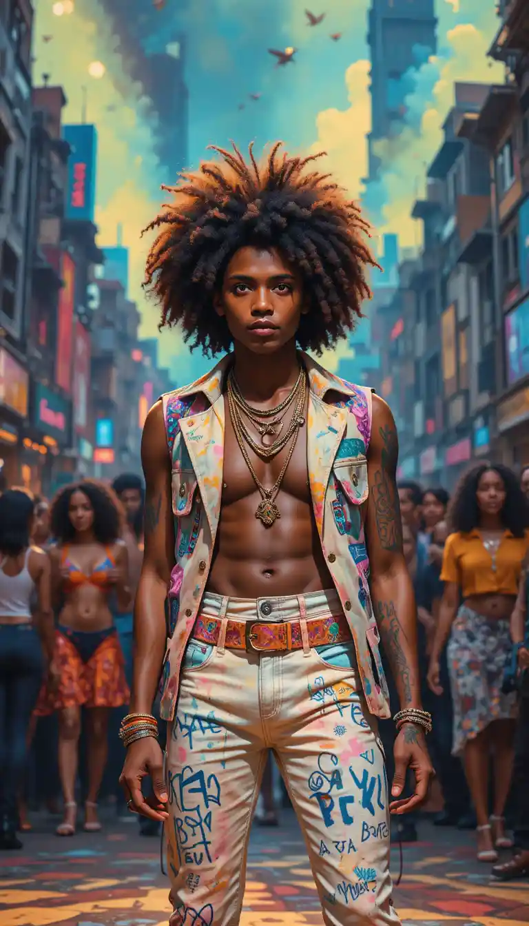 Afro-Musiker auf Punk-Bühne mit tanzender Stadtkulisse