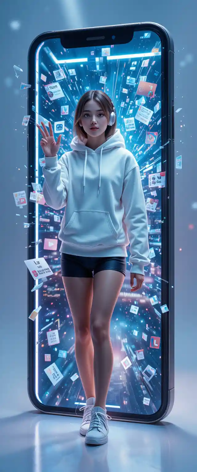 Young woman emerging from a giant smartphone screen
