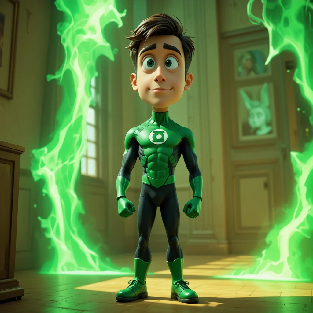 Super-herói em desenho 3D diante de um portal verde brilhante