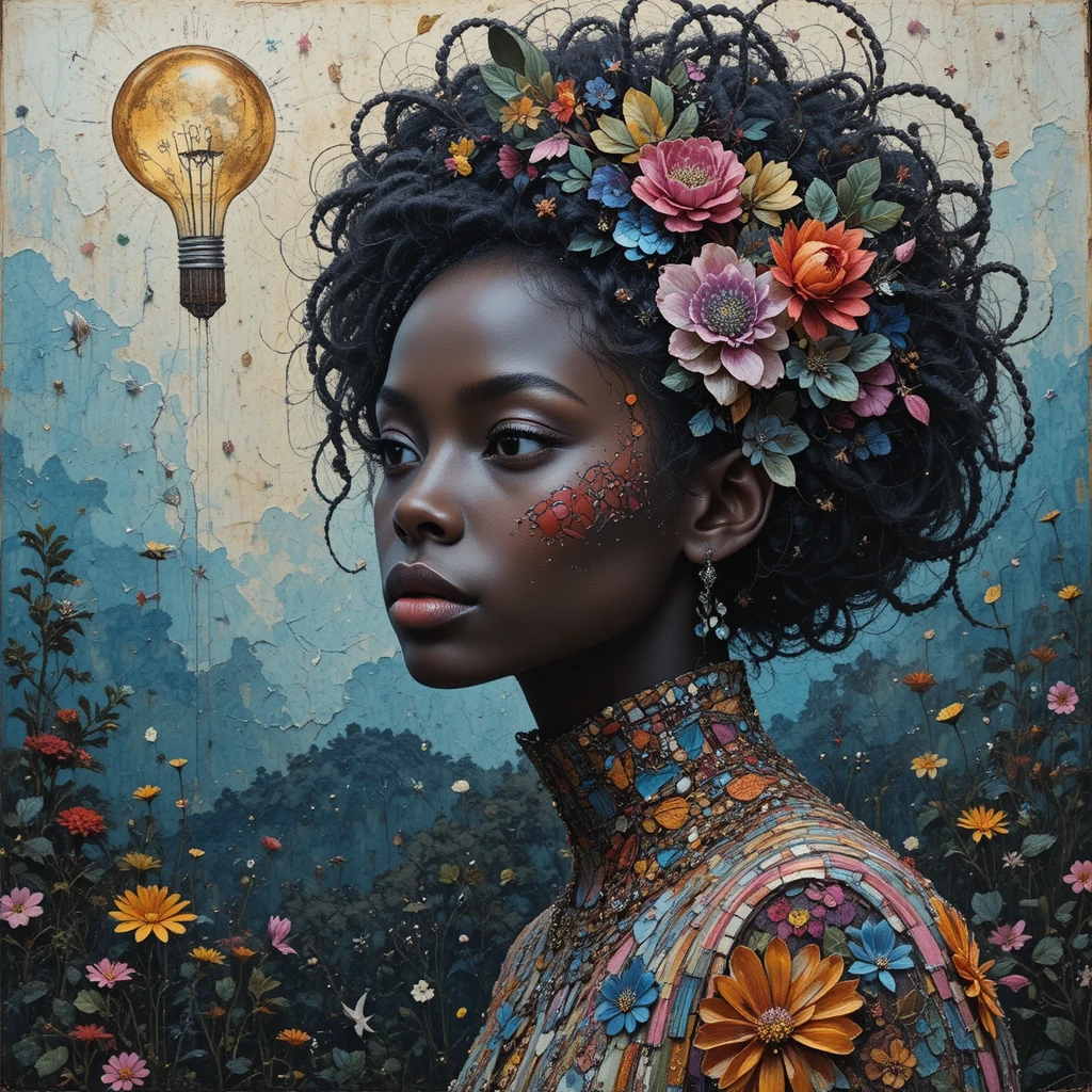 Ritratto afrofuturista in tecnica mista in un rigoglioso paesaggio naturale