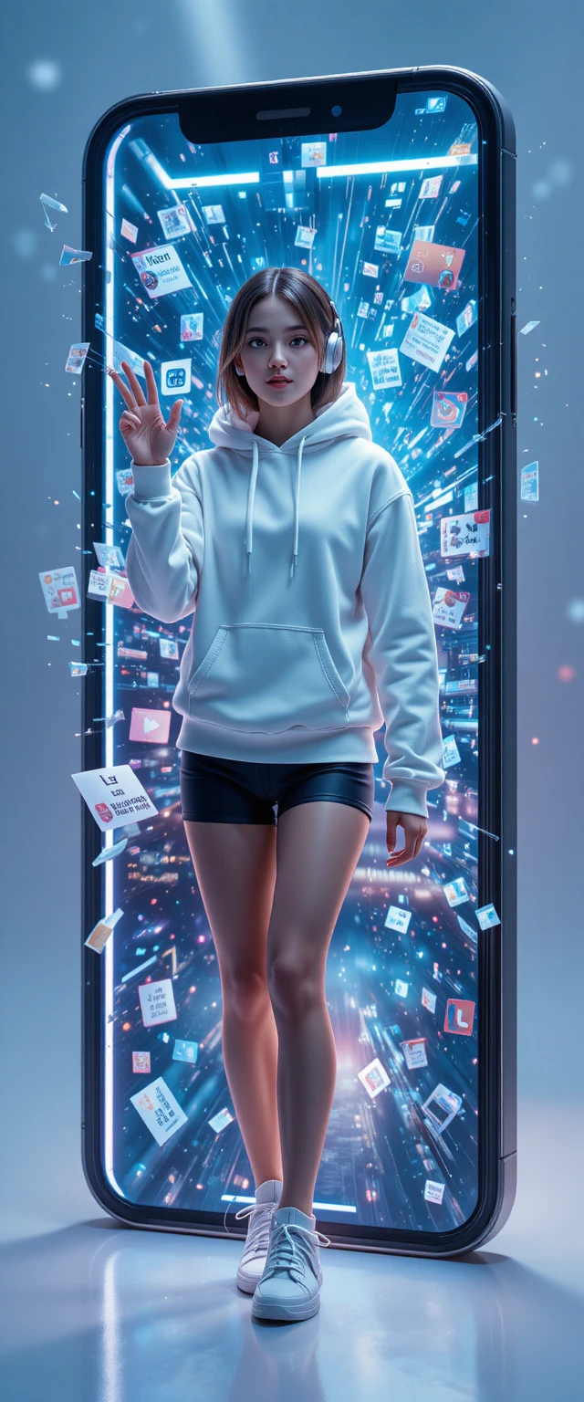 Young woman emerging from a giant smartphone screen