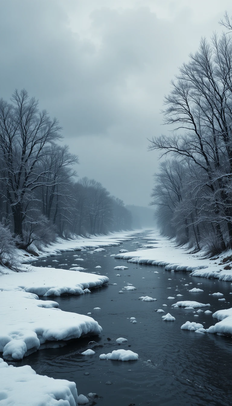 Winter Mississippi River With Ice Under Heavy Gray Sky