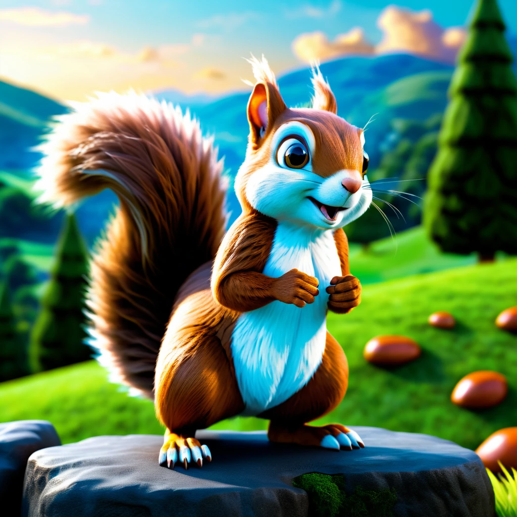 Cinematic squirrel character in a lush green valley